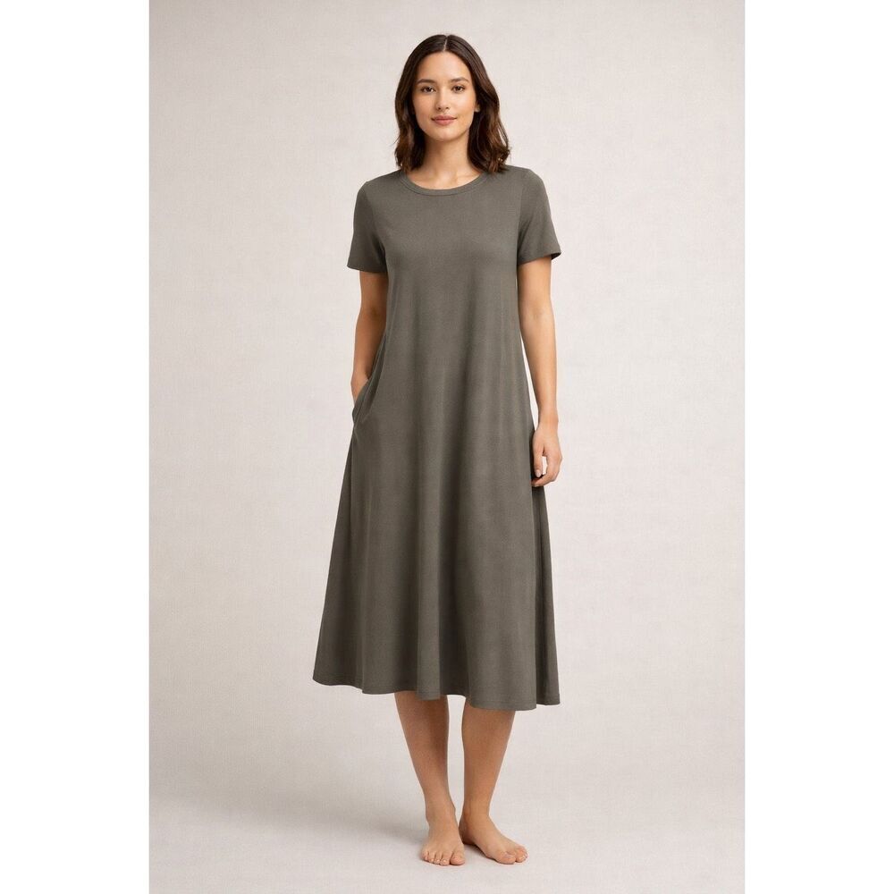 Eileen Fisher Olive A-Line Midi Dress Short Sleeve Size Small